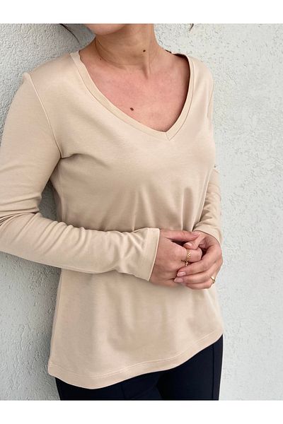 Elegant Design 100% Cotton Interlock V-Neck Long Sleeve T-Shirt