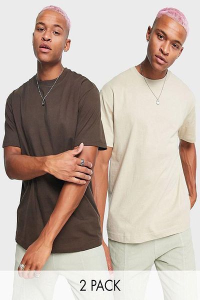 Buğraterzimoda Ανδρικό μπλουζάκι με καφέ-μπεζ Oversize Crew Neck 2 τεμαχίων Basic