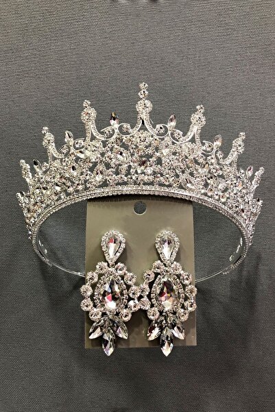 ESPEREST طقم تاج وأقراط الزفاف مع علبة معدنية من حجر الكريستال باللون الفضي