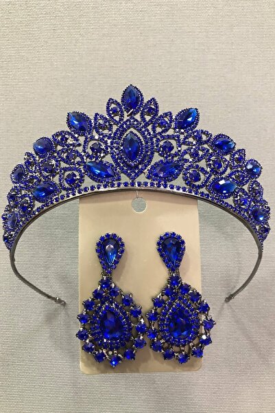 ESPEREST طقم تاج وأقراط زفاف باللون الفضي مع حجر كريستال أزرق داكن