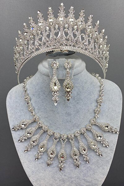 ESPEREST Set de cercei colier cu coroană de henna de culoare argintie