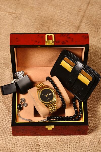 pierrose Kartlık Çakmak Tesbih Bileklik Gold Altın Erkek Saat Seti