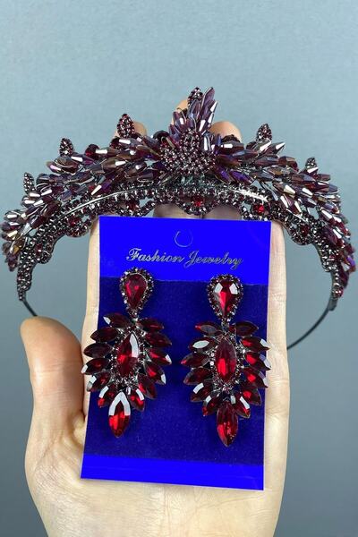 ESPEREST طقم تاج وأقراط لحفلات الزفاف من الكريستال لينا باللون العنابي الملون