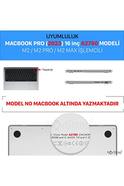 NovStrap Apple Macbook Pro 2023 M2 16 Inc A2780 Uyumlu Parlak Kılıf + Siyah Klavye Kılıfı + Film