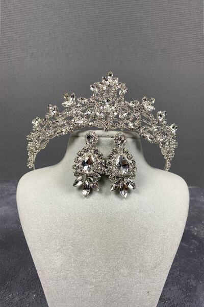 ESPEREST طقم تاج حنة الزفاف الفضي من ميليس وأقراط حجر المكوك