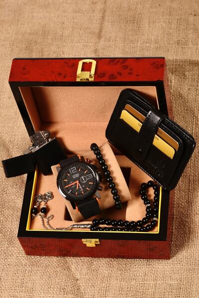 pierrose Siyah Kartlık Çakmak Tesbih Bileklik Silikon Erkek Saat Seti