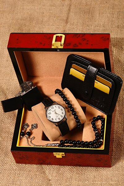 pierrose Kartlık Çakmak Tesbih Bileklik Siyah Deri Erkek Saat Seti