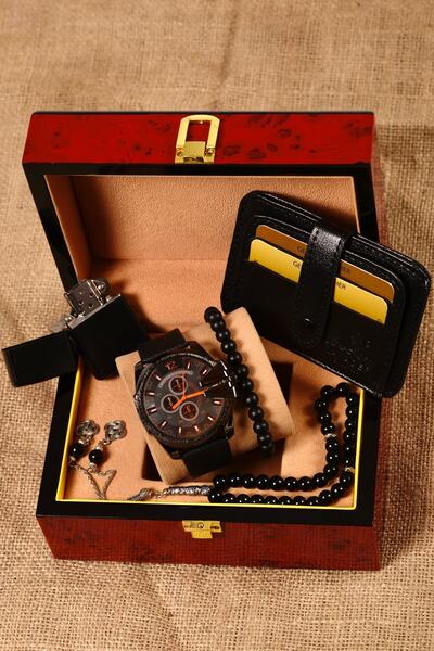 pierrose Kartlık Çakmak Tesbih Bileklik Siyah Deri Erkek Saat Seti