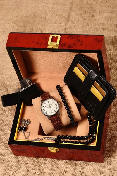 pierrose Kartlık Çakmak Tesbih Bileklik Kahverengi Deri Erkek Saat Seti