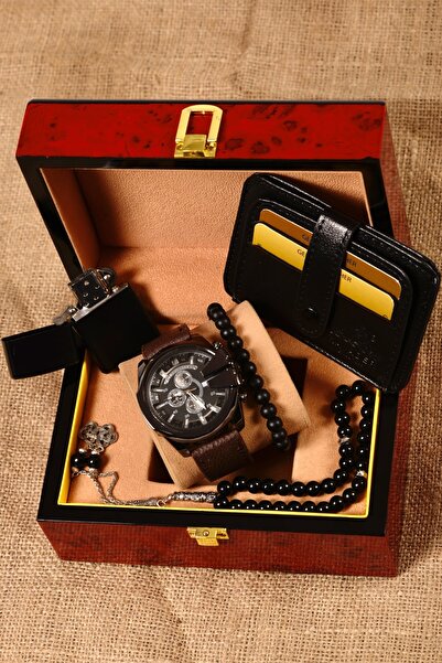 pierrose Kartlık Çakmak Tesbih Bileklik Kahverengi Deri Erkek Saat Seti