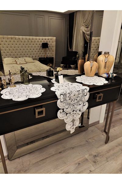 CAMİNHO DA LUA Damla 5 piese Luxe Runner Sufragerie Husa Masa Set Masuta Cafea Set de zestre cu dantela frantuzeasca Sclipici