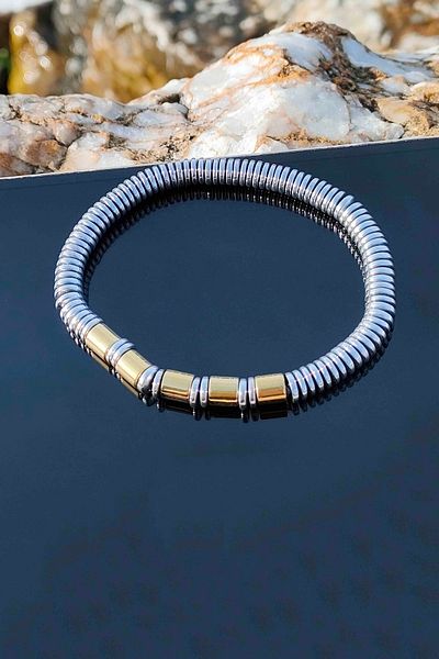 TREND COLLECTİON Silver Hematite Gold Embroidered Natural Stone Prism Model Adjustable Men's Bracelet