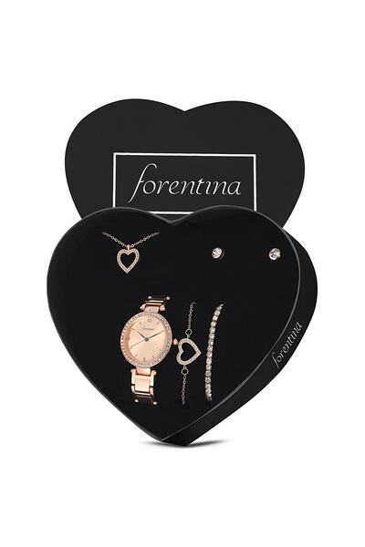 Forentina Rose Kalpli Kolye Küpe Bileklik Saat Hediye & Rose Solmayan Gül Hed...