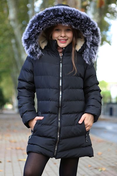Transacoustic Girl's Black Extra Soft Filling Silver Zippered Plush Hooded Faux Fur Coat Inside