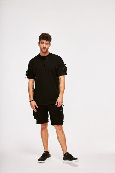THIMOON Men's Black Plain Sleeve Pocket Oversize T-shirt