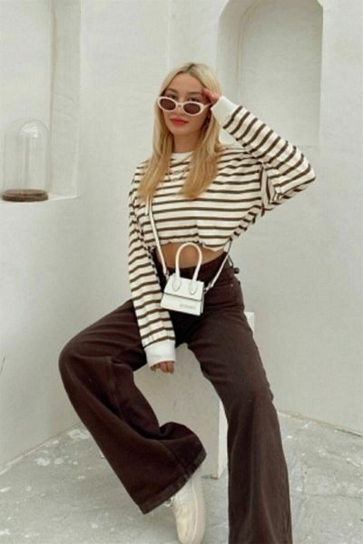 Trn JNS My Brown Lycra Super High Waist Loose Jeans Palazzo Pants. (ΥΠΕΡ ΥΨΗΛΟ) Φαρδύ πόδι