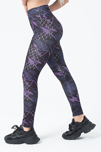 vawensea Women's High Waist Recovery Geometric Patterned Sports Leggings Purple (LARGE SIZE)
