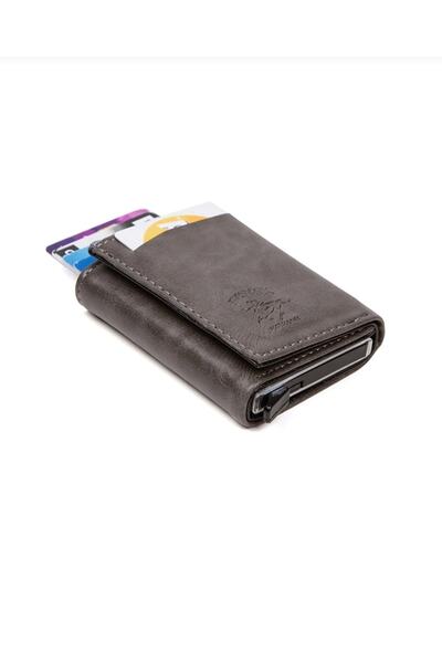 Newish Polo Unisex Gray Leather Mechanism Automatic Slide Card Holder Wallet with 8 Card Compartments (7CMX10CM)