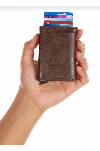Newish Polo Unisex Σκούρο Καφέ Δερμάτινο Πορτοφόλι με 8 θήκες για κάρτες (7CMX10CM)