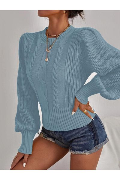 AQE FASHION Pulover din tricot albastru bebelus cu mânecă printesa impletita
