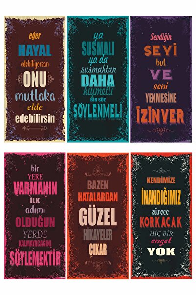 Hayat Poster Motivasyon Eğlenceli Öğretici Duvar Yazıları-1- 6lı Mini Retro Ahşap Poster Seti