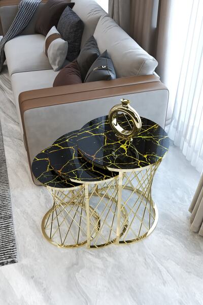 HAUSEV Hasır C Model Zigon Sehpa (gold Hasır Şimşek Mermer Temperli Cam )