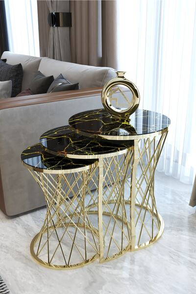 HAUSEV Hasır C Model Zigon Sehpa (gold Hasır Şimşek Mermer Temperli Cam )