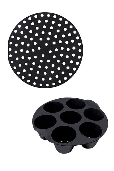 Buffer ® Silicone Oven and Airfryer Round Baking Mat Black 20cm and 7 Compartment Airfry Cupcake Mold