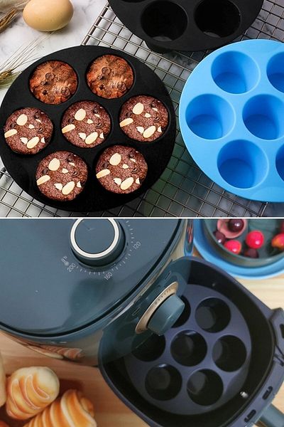 Buffer ® Silicone Oven and Airfryer Round Baking Mat Black 20cm and 7 Compartment Airfry Cupcake Mold