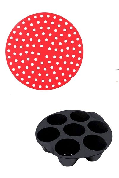 Buffer ® Silicone Oven And Airfryer Round Baking Mat 20 Cm Red And 7 Compartment Airfry Cupcake Container
