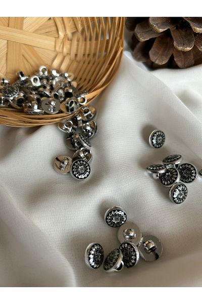 Bukle İplik 18 Size 1.14 cm Round Ethnic Detailed Metallized Covered Bottom Leg Black Silver Button (20 Pieces)