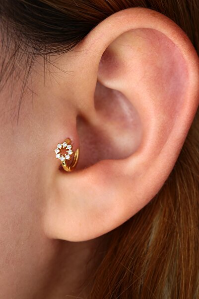 Vilma Aksesuar Tragus - Helix Cerrahi Çelik Taşlı Halka Piercing Gold Renk (8mm)