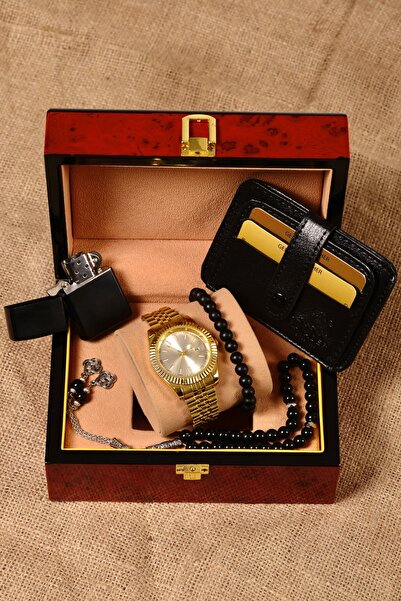 pierrose Gold Kartlık Tesbih Bileklik Çakmak Çelik Saat Seti