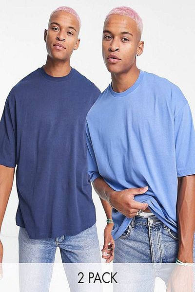 Buğraterzimoda Ανδρικό μπλουζάκι με μπλε-ιντιγκό Oversize Crew Neck 2 τεμαχίων Basic