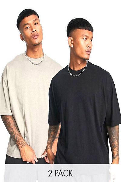 Buğraterzimoda Ανδρικό μπλουζάκι μαύρο-μπεζ Oversize Crew Neck 2 τεμαχίων Basic