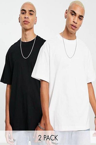 Buğraterzimoda Ανδρικό μπλουζάκι με μαύρο-άσπρο Oversize Crew Neck 2 τεμαχίων Basic