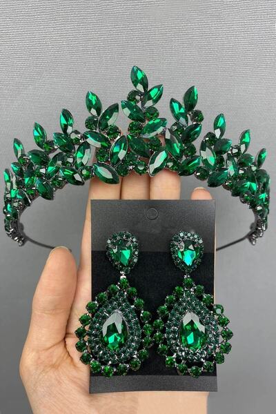 ESPEREST Coroană și cercei de henna pentru mireasă verde Subra