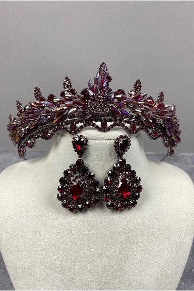 ESPEREST طقم تاج حناء زفاف من الكريستال لينا باللون العنابي الملون وأقراط مرص...