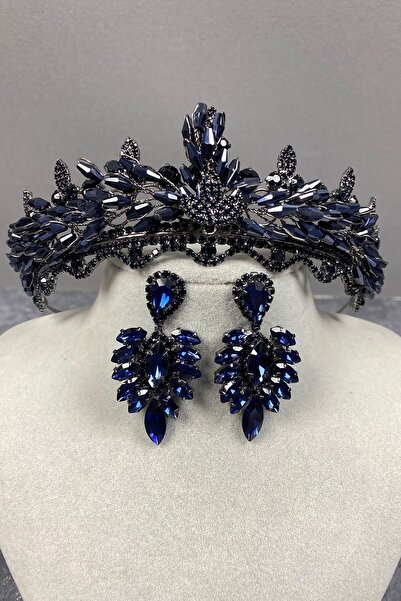 ESPEREST طقم تاج وأقراط لينا كريستال للزفاف باللون الأزرق الداكن