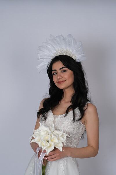 ESPEREST Coroana de mireasă cu design special cu pene de vultur alb și piatră