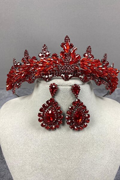 ESPEREST طقم تاج حنة الزفاف وأقراط مرصعة بالكريستال الأحمر من لينا