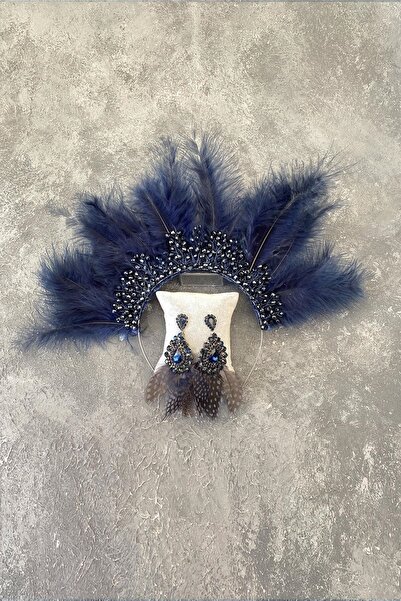 ESPEREST الأزرق الداكن مايا ريشة كريستال مطرز تاج الحناء الزفاف وحلق