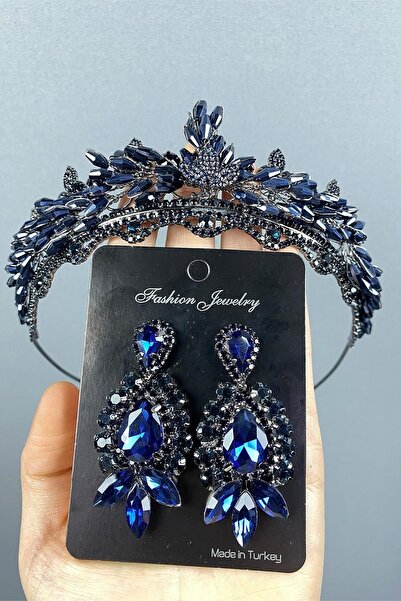 ESPEREST Σετ σκουλαρίκια Navy Blue Lena Crystal Bridal Henna Crown και Shuttl...