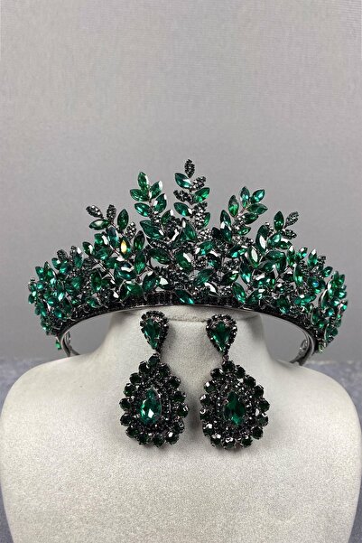 ESPEREST Комплект обеци Green Ezel 3D Bridal с корона от къна и висящи камъни