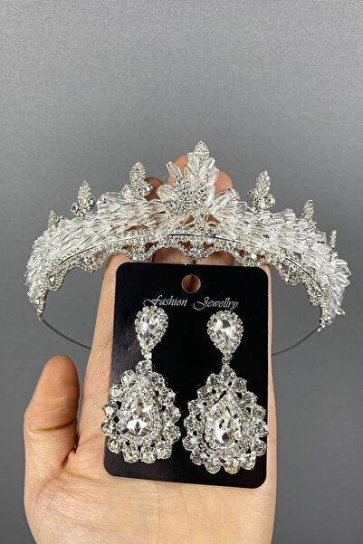 ESPEREST طقم تاج الزفاف والأقراط المرصعة بالكريستال الفضي من لينا