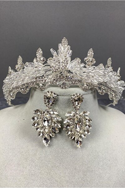 ESPEREST Set de coroană de mireasă cu cristale Lena argintie și cercei cu pietre