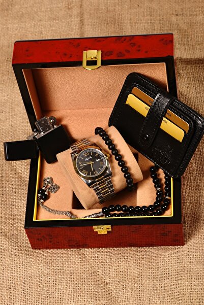 pierrose Kartlık Çakmak Tesbih Bileklik Gümüş Gold Erkek Saat Seti