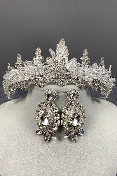 ESPEREST طقم تاج وأقراط زفاف من الكريستال الفضي لينا