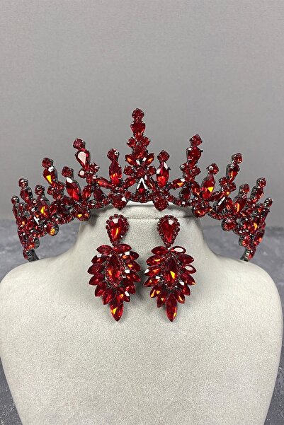 ESPEREST Set de cercei cu coroană și navetă de mireasă roșie