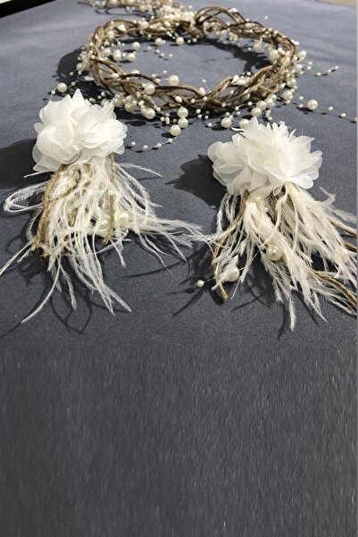 ESPEREST Coroană cu perle crem și cercei cu pene